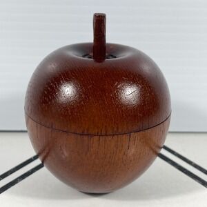Vintage Hand Turned Teak Wood Apple Trinket Box Polished Fruit Decor 3.5"